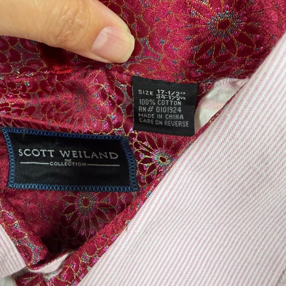 Scott Weiland Button Up Shirt Mens 17.5 Pink Striped Long Sleeve Seersucker NWT